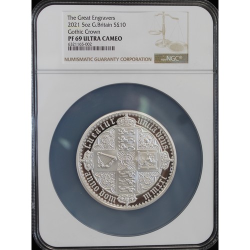 2187 - 2021 Silver proof £10 5oz featuring the Gothic Crown Quartered Arms, part of the Great Engravers Ser... 