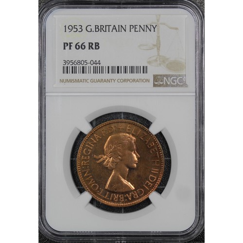 2092 - 1953 Penny, Elizabeth II. Graded NGC PF66RB. Lightly toned in the peripheries otherwise a vibrant an... 