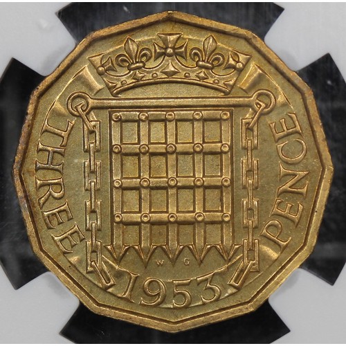 2078 - 1953 Threepence, Elizabeth II. Graded NGC PF64 with some light obverse surface marks. UNC. [Peck 249... 