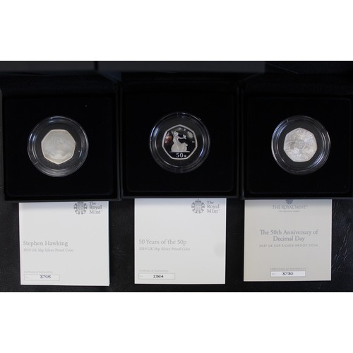 2132 - Silver proof 50p coins (3) comprising 2019 Stephen Hawking, 2019 50 Years of the 50p with privy mark... 