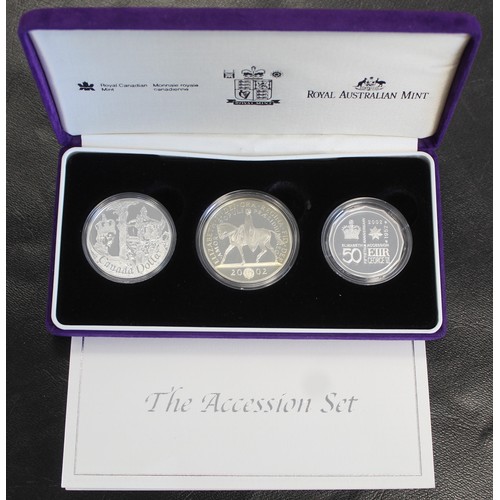 2222 - 2002 Accession Silver proof Set of three coins including 2002 UK £5, 2002 Canada Dollar & ... 