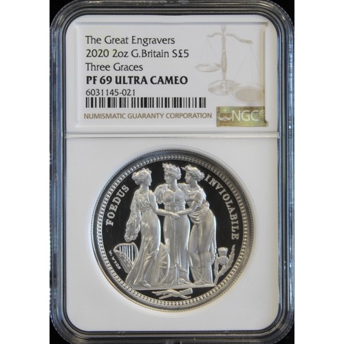 2185 - 2020 Three Graces 2oz Silver £5 coin, part of the Great Engravers series. Graded NGC PF69 Ultra Came... 