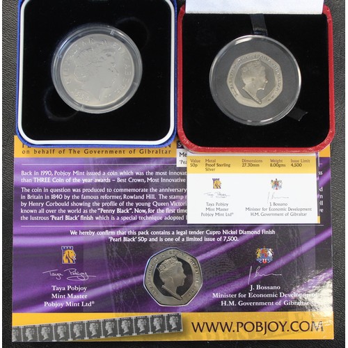 2209 - Gibraltar Titanium/Pearl black issues (3) comprising Silver proof Penny Black 50p, CuNi Diamond fini... 