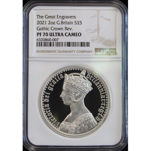 2189 - 2021 Gothic Crown Portrait 2oz Silver £5 coin, part of the Great Engravers series. Graded NGC PF70 U... 