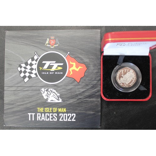 2133 - Isle of Man 1981 silver proof TT 50p and a 2022 3-coin set for the 2022 event. The silver proof case... 