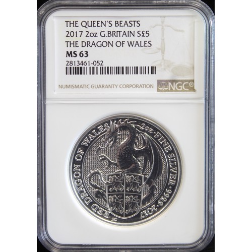 2180 - 2017 2oz silver Queen's Beasts Red Dragon of Wales. Graded NGC MS63, harshly so in our opinion.