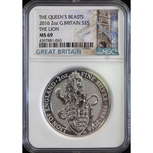 2179 - 2016 2oz silver Queen's Beasts Lion of England. Graded NGC MS69 and presented in a Great Britain hol... 