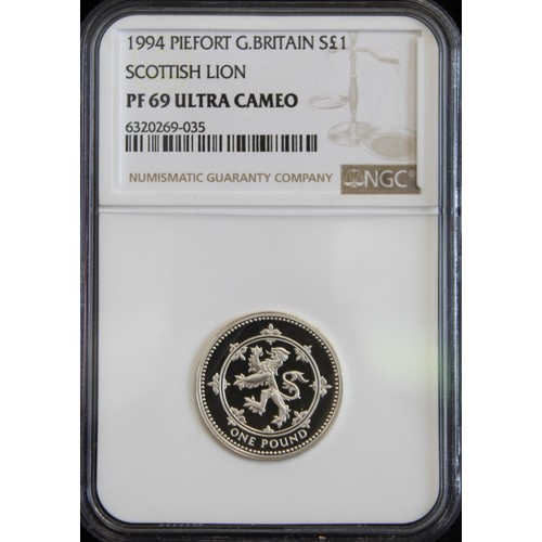 2138 - 1994 Silver piedfort proof £1 featuring the Rampant Lion of Scotland. Graded NGC PF69 Ultra Cameo an... 