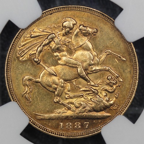 2022 - Australia, 1887M Sovereign, Victoria. Melbourne Mint. Angled J in J.E.B. Graded NGC AU55, the surfac... 