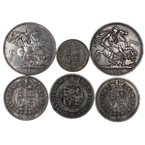 2102 - A selection of pre-1920 silver coins (6) comprising 1821 crown, 1899 LXIII crown, 1818 halfcrown, 18... 