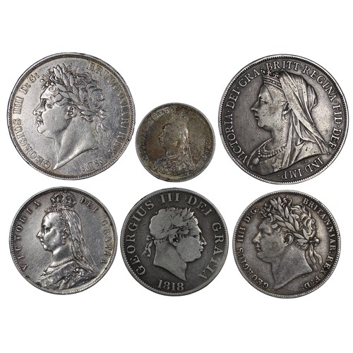 2102 - A selection of pre-1920 silver coins (6) comprising 1821 crown, 1899 LXIII crown, 1818 halfcrown, 18... 