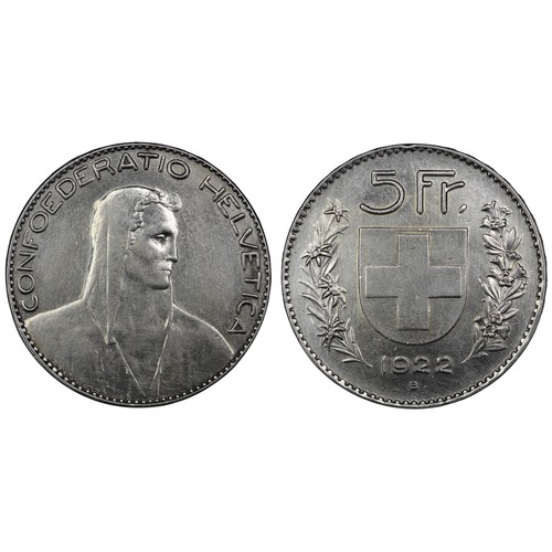 2215 - Switzerland, 1922 5 Francs. Obv. bust of Herdsman facing right. Rev. Coat of arms of Switzerlan... 