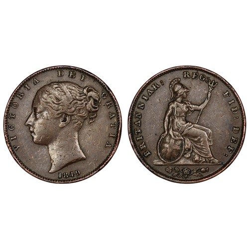 2094 - 1849 Farthing, Victoria. Semi-key date of the copper farthing series, a little edgey in places to th... 