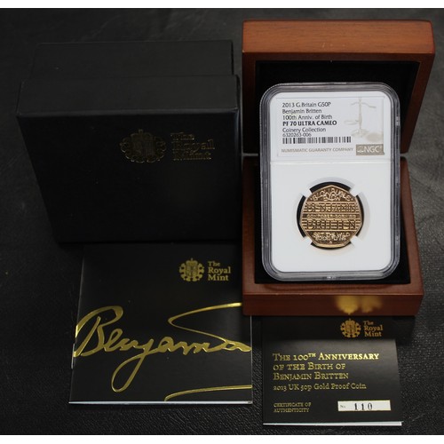 2028 - 2013 Benjamin Britten gold proof 50p. Graded NGC PF70 Ultra Cameo and presented in a Coinery Collect... 