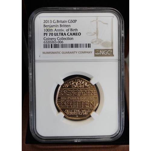 2028 - 2013 Benjamin Britten gold proof 50p. Graded NGC PF70 Ultra Cameo and presented in a Coinery Collect... 