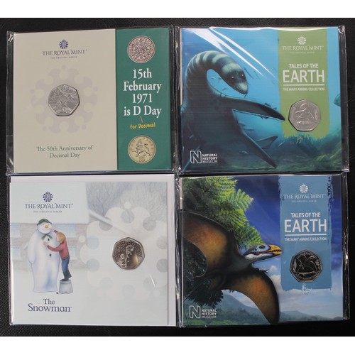 2136 - A selection of BUNC 50p coins in Royal Mint presentation packs (4) comprising 2021 50th Anniversary ... 