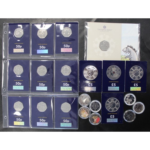 2137 - A selection of 50p & £5 coins (21). 50p coins comprising 2017 Benjamin Bunny, 2017 Jeremy ... 