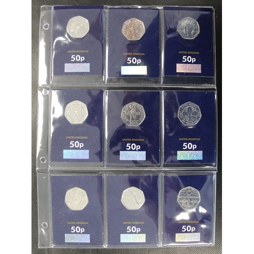 2137 - A selection of 50p & £5 coins (21). 50p coins comprising 2017 Benjamin Bunny, 2017 Jeremy ... 