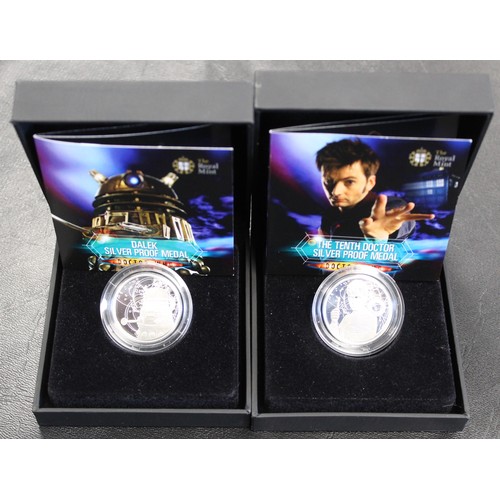 2198 - Doctor Who Royal Mint silver proof medals (2) comprising The Dalek and The Tenth Doctor. Both struck... 