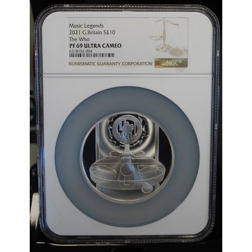 2178 - 2021 The Who silver proof 5oz £10 coin. Part of the Music Legends series, graded PF69 Ultra Ca... 