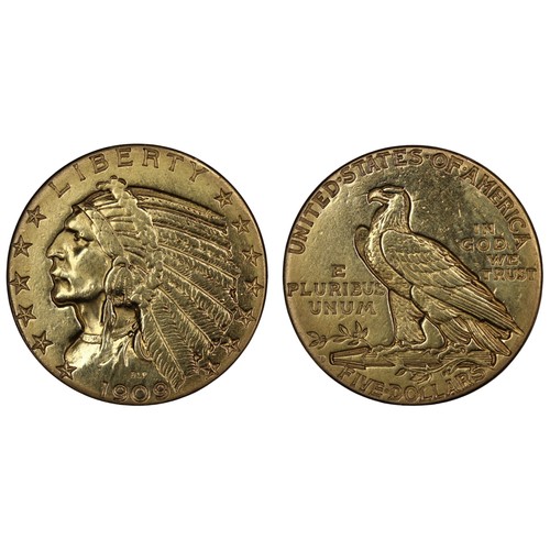 2035 - USA 1909-D $5 Indian Head half eagle. Cleaned/polished otherwise VF. [8.33g, KM#129]... 