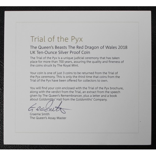 2190 - Trial of the Pyx 2018 Queen's Beasts 10oz silver proof £10, The Red Dragon of Wales. The Trial of th... 