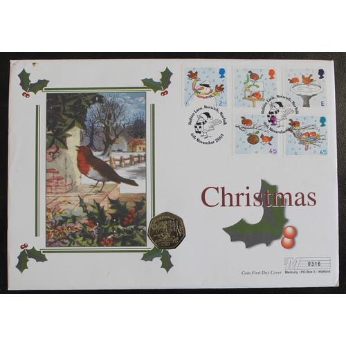 2114A - Isle of Man 2000 Christmas 50p in PNC/FDC. Uncirculated diamond finish with BB die. The envelope wit... 