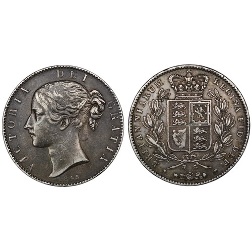 140 - 1845 Crown, Victoria. Cinquefoil stops on edge. Darkly toned with some details accentuated as a resu... 