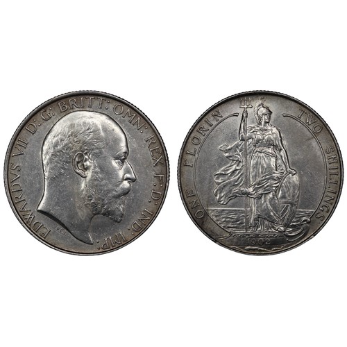 224 - 1902 Florin, Edward VII. Obv. Bare head facing right, Rev. Britannia standing on ship's bow. Two lam... 