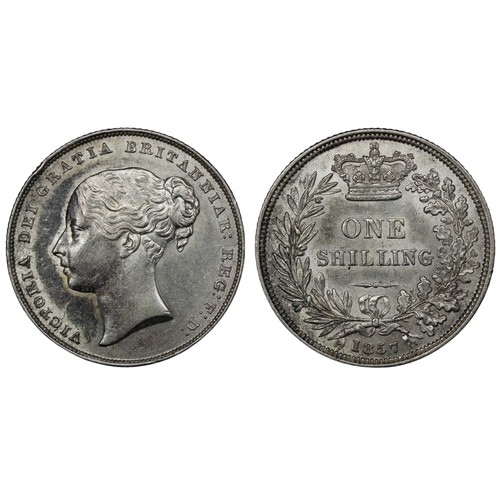 237 - 1857 Shilling, Victoria. Obv. young head. Stained to the obverse which someone has attempted to remo... 