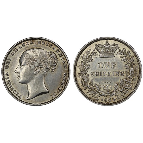 238 - 1859 Shilling, Victoria. Obv. young head. Cleaned, VF. [ESC 1307, Bull 3015, S.3902]