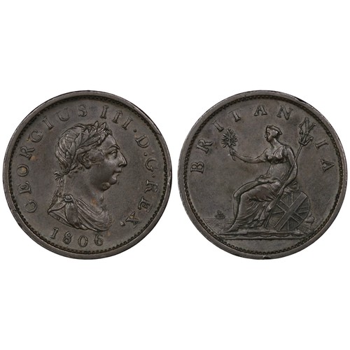 355 - 1806 Penny, George III. No incuse hair curl by tie knot (KP38). A few small edge knocks otherwise EF... 