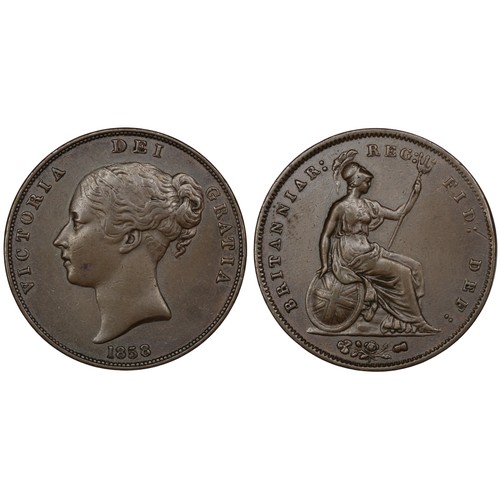 362 - 1858 Penny, Victoria, ornamental trident. Rich chocolate tone and an attractive coin in hand. Long-t... 