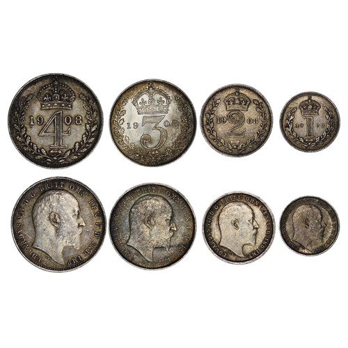 332 - 1908 Maundy Set, Edward VII. Obv. Bare head facing right, Rev. crowned denominations dividing date. ... 