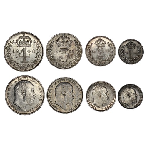 333 - 1908 Maundy Set, Edward VII. Obv. Bare head facing right, Rev. crowned denominations dividing date. ... 