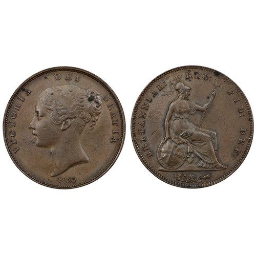 361 - 1855 Penny, Victoria, plain trident. last 5 in date recut with underlying digit visible to the right... 