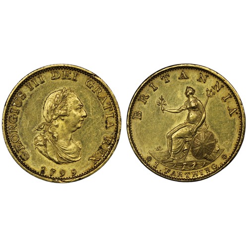 386 - 1799 Gilt Proof Farthing, George III. KF8, the reverse with two small flaws at end of legend and R i... 