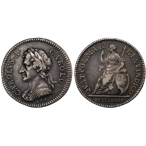 381 - 1665 Pattern Farthing, Charles II. Struck in silver, obverse 1B short hair, top ribbon band to O of ... 