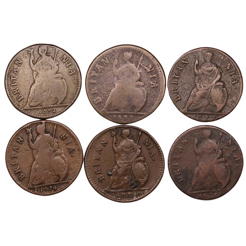 389 - Farthings (6), Charles II, comprising 1672, 1672 (possibly no stops obv), 1673, 1674 (2) & 1675.... 