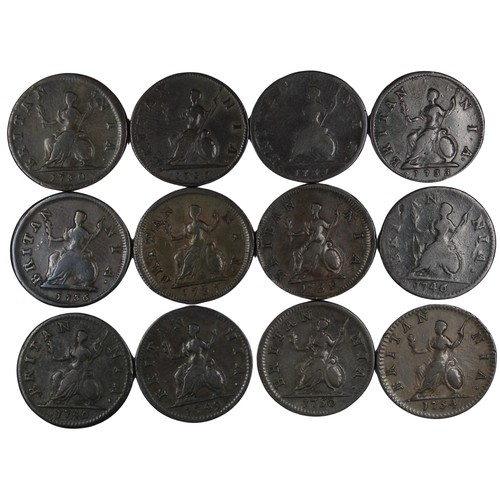 392 - Farthings (12), George II comprising 1730, 1731 (2), 1733, 1736, 1737 large date, 1739, 1746 (2), 17... 