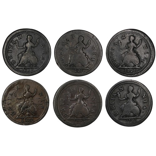 391 - Farthings (6), George I date run comprising 1719, 1720 ,1721, 1722, 1723 & 1724. All from long-t... 