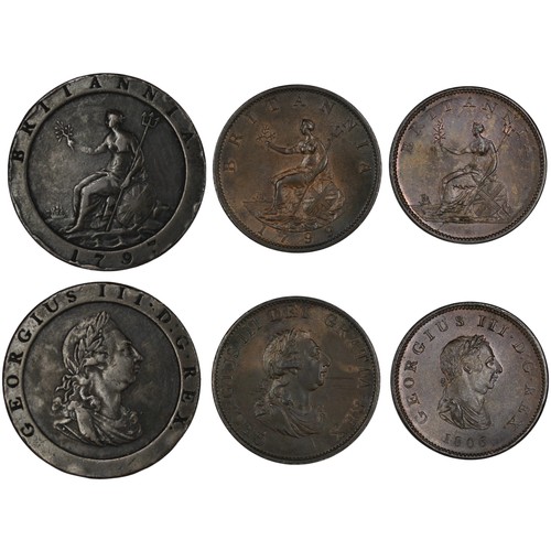 375 - A small assortment of George II copper coins (3) to include 1797 penny, 1799 half penny and 1806 hal... 