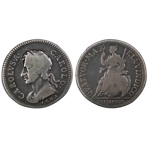 380 - 1665 Pattern Farthing, Charles II. Struck in silver, obverse 1A short hair, top ribbon band above O ... 