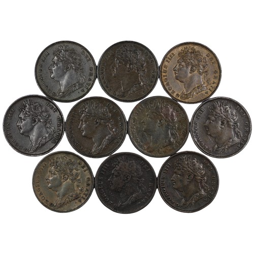 394 - Farthings (10), George IV laureate head, comprising 1821 (2), 1822 (2), 1823 (2), 1825 (3) & 182... 