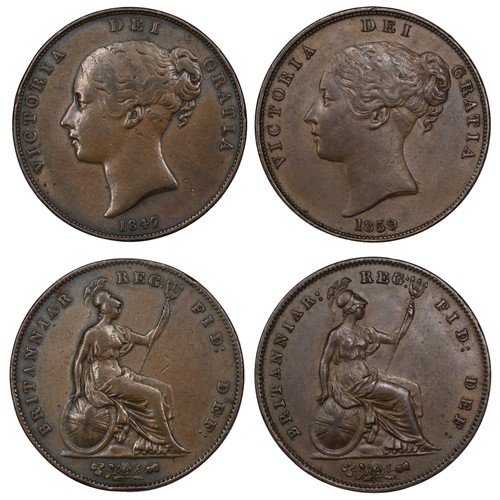 359 - 1847 & 1859 pennies, Victoria young head. Both ornamental trident, the first with close colon. n... 