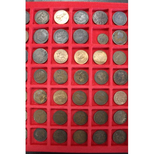 94 - A collectors tray of 77 farthings comprising Charles I Maltravers type to Elizabeth II 1955. Mixed g... 