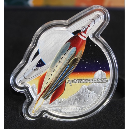 21 - Solomon Islands 2021 $2 1oz Silver proof-like colour issue, Retrofuturism rocket shaped coin, the ob... 