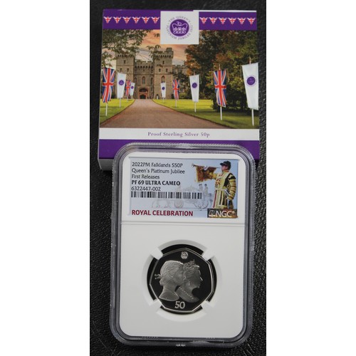 14 - 2022 Falklands silver proof 50p commemorating the Queen's Platinum Jubilee. Graded NGC PF69 Ultra Ca... 