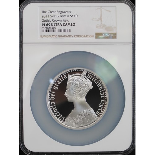 69 - 2021 Silver proof £10 5oz featuring the Gothic Crown Portrait, part of the Great Engravers Series. G... 