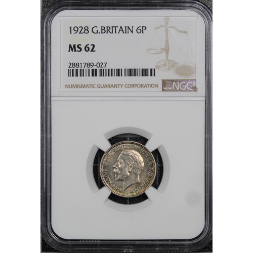 83 - 1928 Sixpence, George V. Graded NGC MS62 with lovely peripheral toning. aUNC. [ESC 1817, Bull 3900, ... 